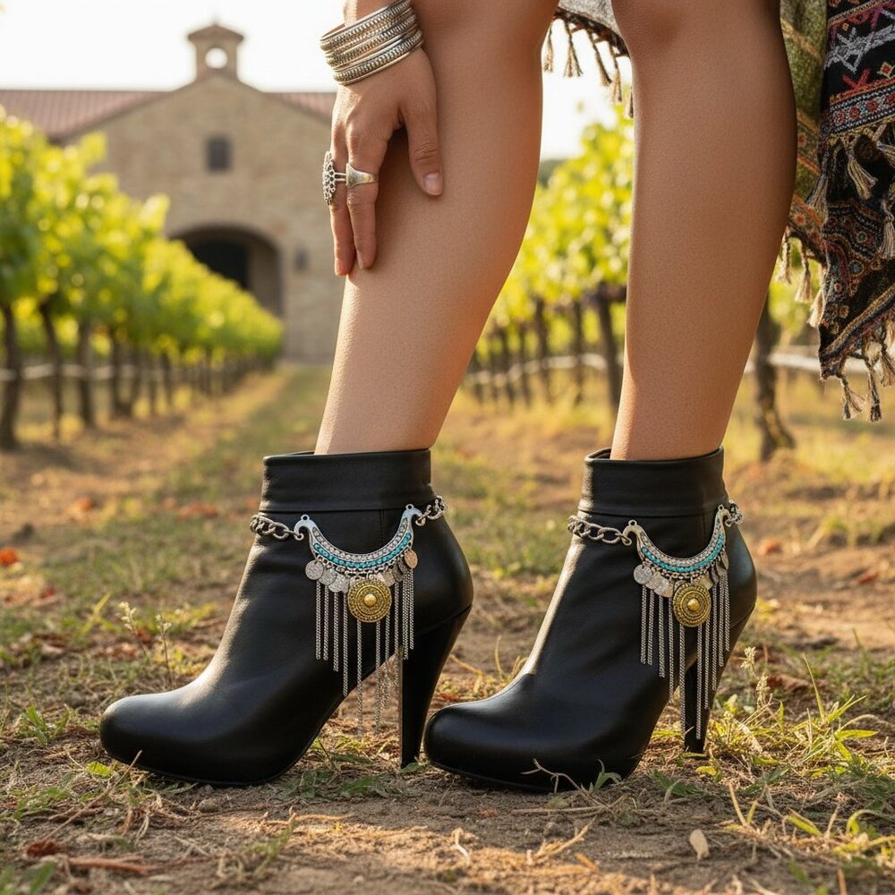Women 2PCS Silver Metal Boot Chain Bracelet Shoe Anklets Turquoise Ethnic Charms